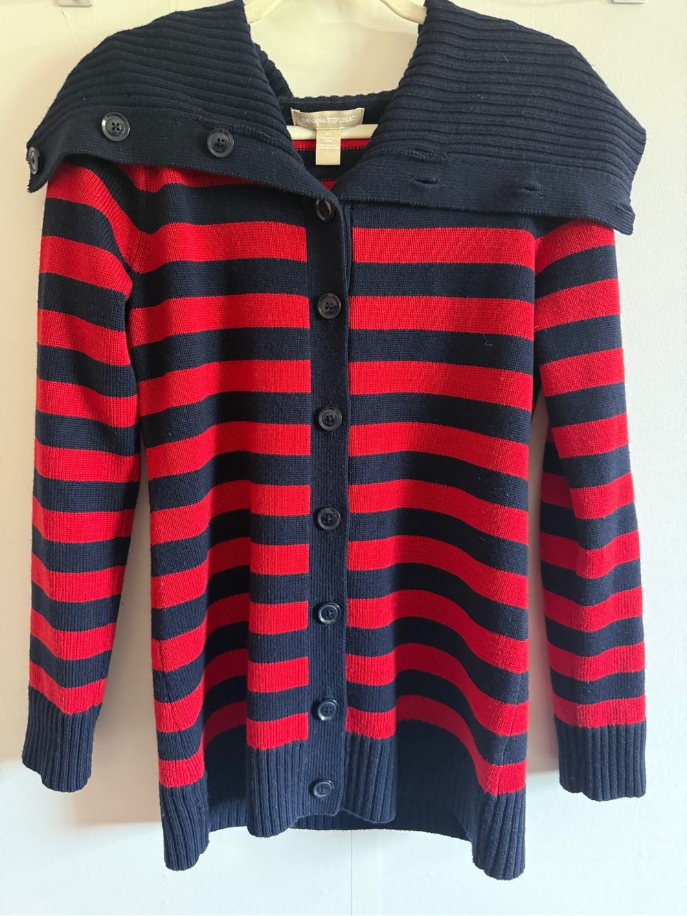 Banana Republic 100% Merino Wool Striped Cardigan Sweater Navy Red M Nautical